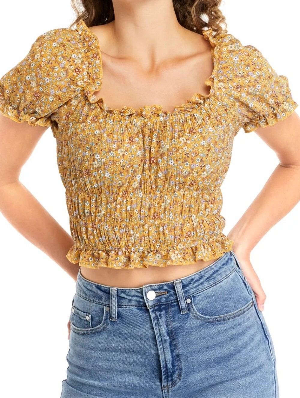 new GYPSIES & MOONDUST size XL Floral Short Sleeve Elastic Top Mustard Yellow